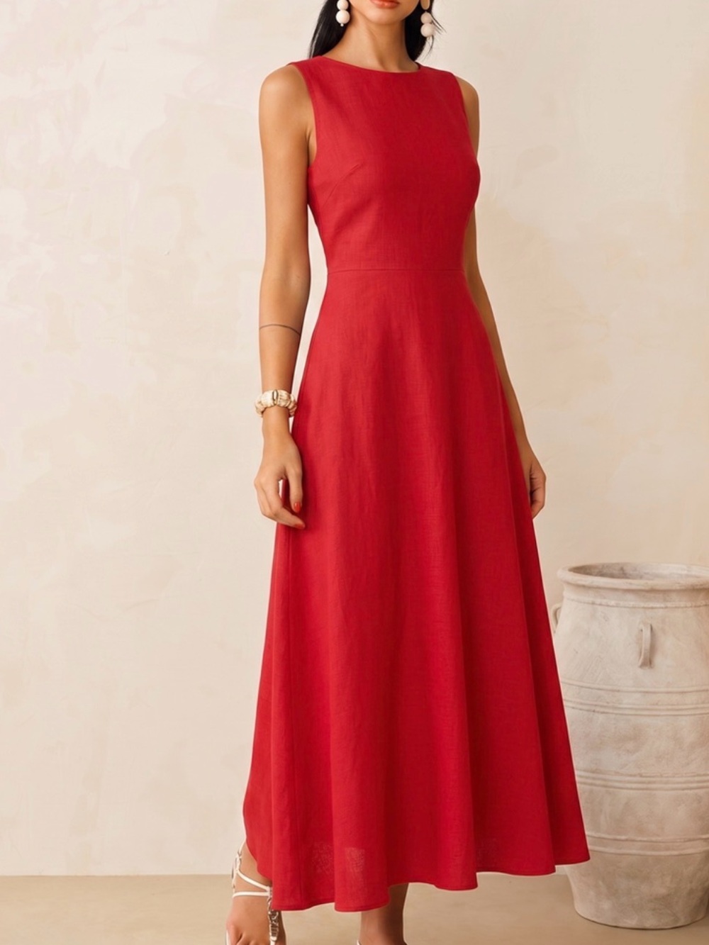 Commense Sleeveless Linen Blend Maxi Dress with Open Back